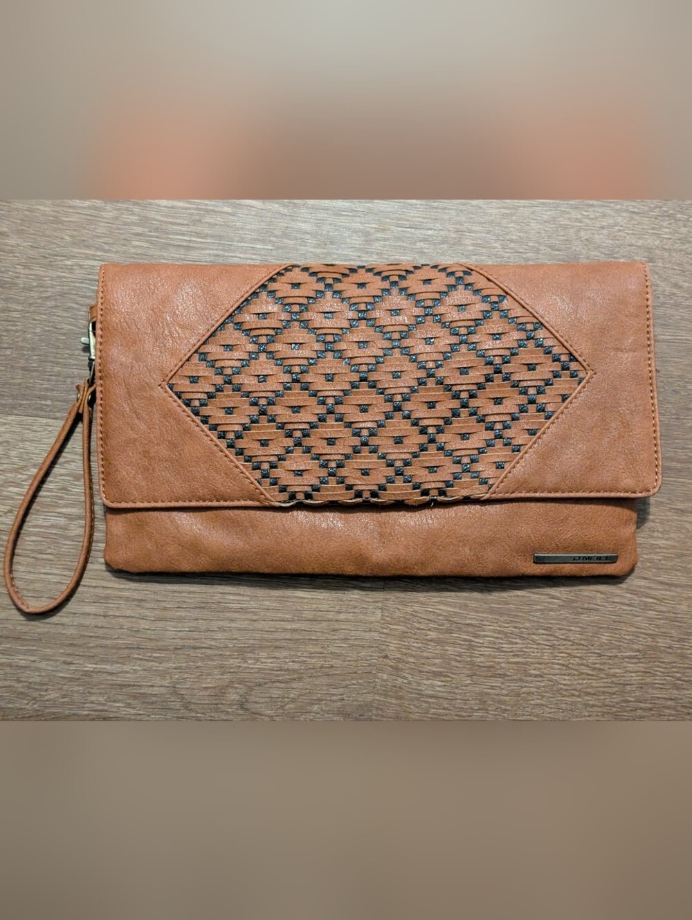 O'neil Faux-Leather Tan Woven Accent Wristlet Clutch